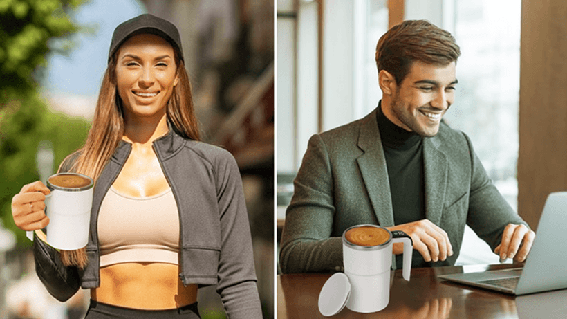 MixMate automatic stirring mug creating smooth clump-free coffee in seconds